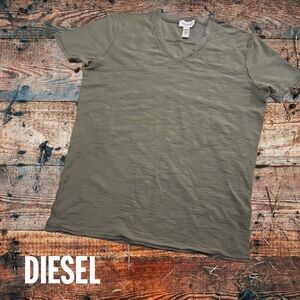Diesel Men's V-Neck Tos Reverse Slub Knit Distressed Casual SS Tee Olive Green L